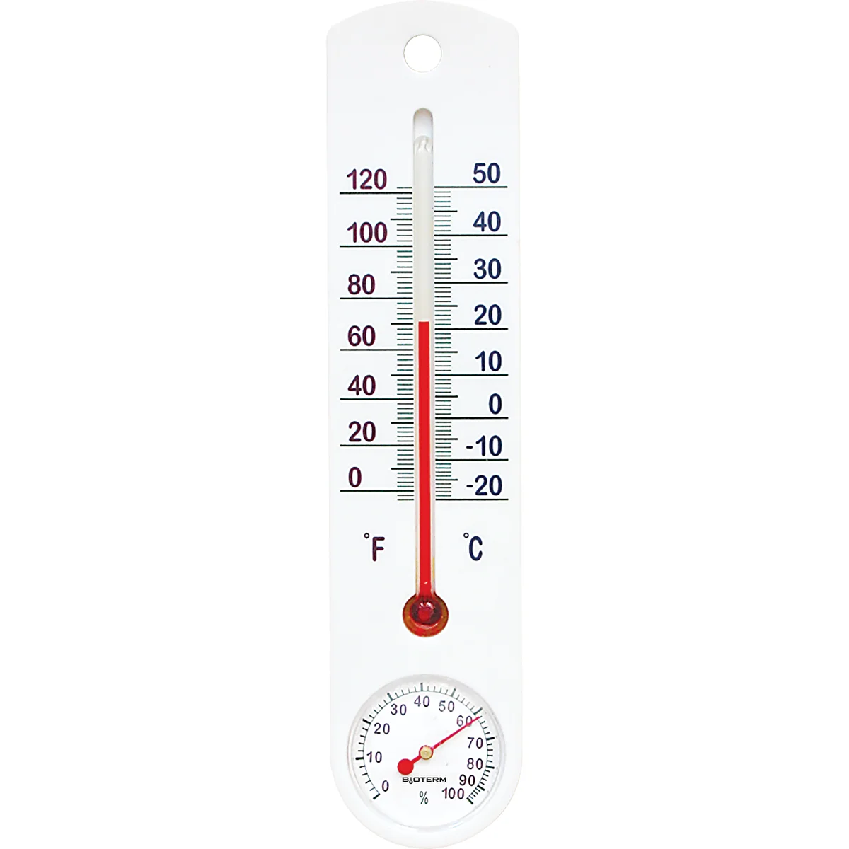 Yleiskäyttöinen valkoinen lämpömittari hygrometrillä (-20°C - +50°C) 25cm