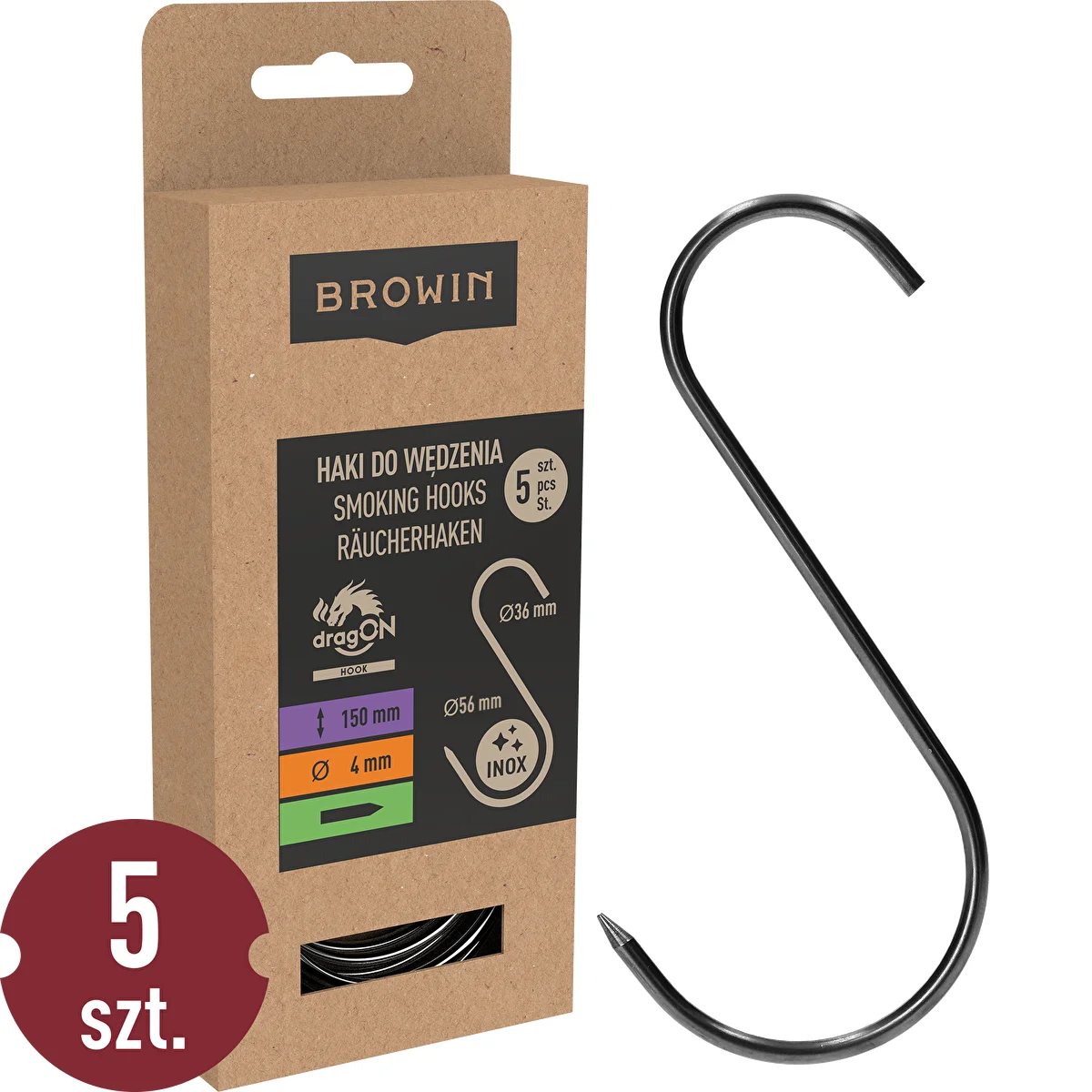 Savustuskoukut – S, teroitettu, 4 mm x 150 mm, 5 kpl