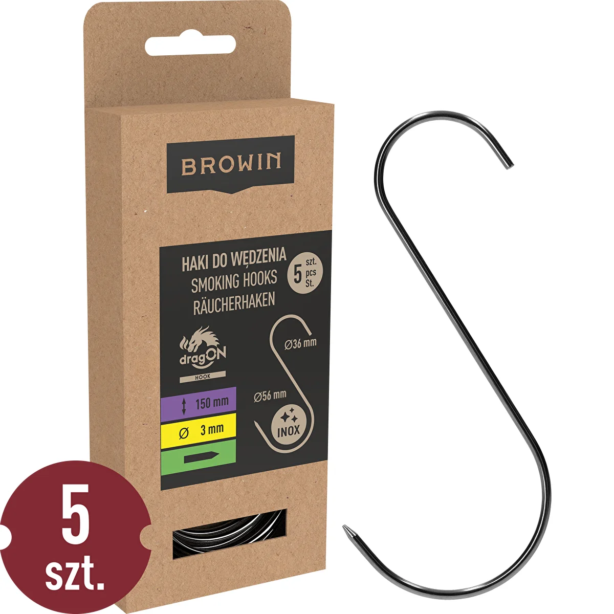 Savustuskoukut – S, teroitettu, 3 mm x 150 mm, 5 kpl