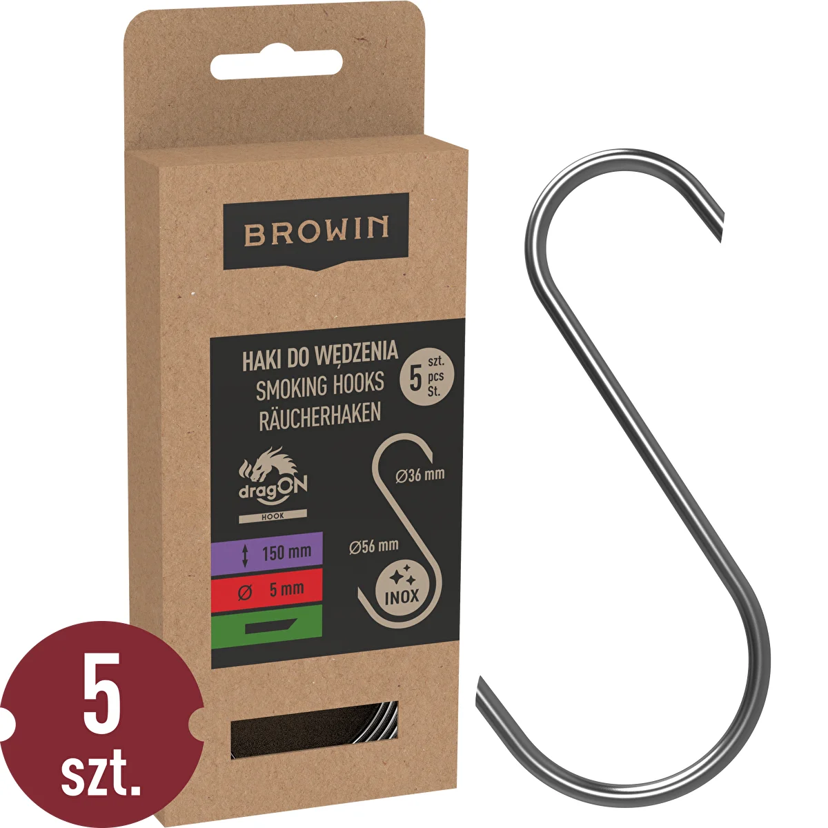 Savustuskoukut – S, 45° viistetty, 5 mm x 150 mm, 5 kpl