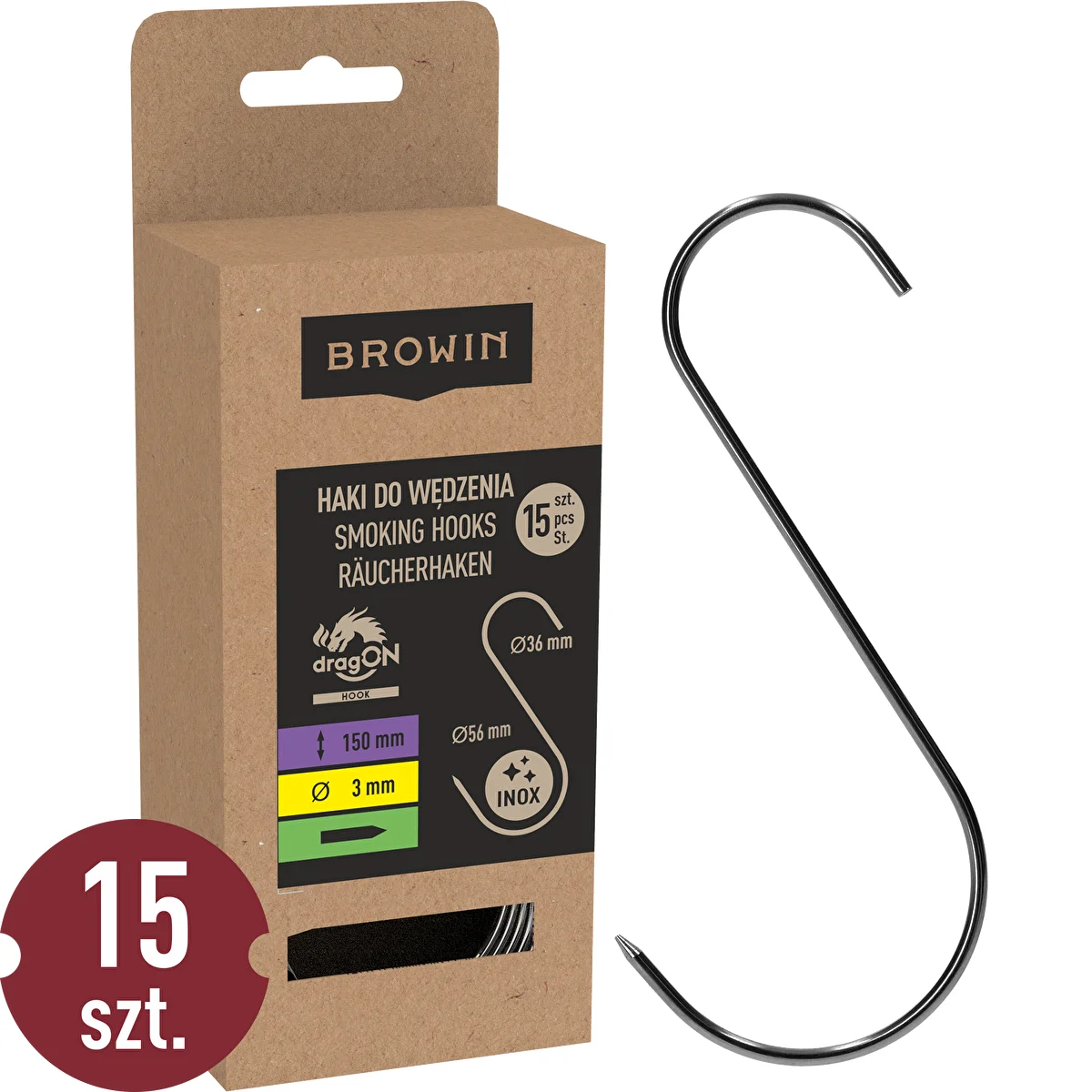 S-malliset savustuskoukut, teroitetut, 150 x 3 mm, 15 kpl