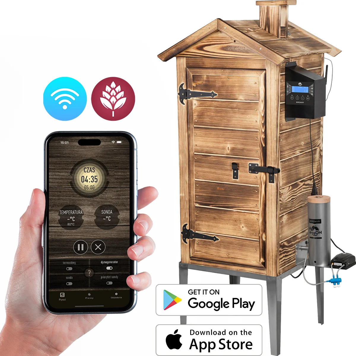 Wi-Fi-savustin, 200 L - dragON WOOD 100IQ, sähköisellä lämmitysmoduulilla ja ohjaimella, puulämmitteinen