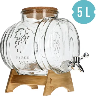 Lasinen 5 L tynnyri, laajalla suuaukolla, korkilla, jalustalla ja hanalla – photo 2