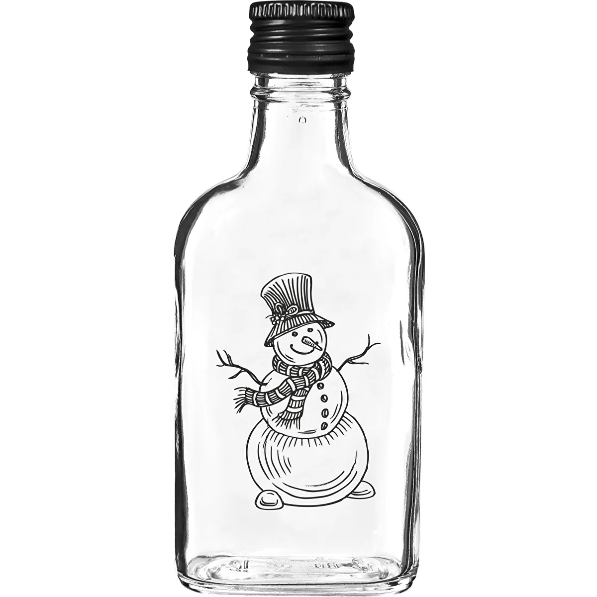 Taskumattipullo 200 ml kierrekorkilla, Lumiukko-painatus, 1 kpl.