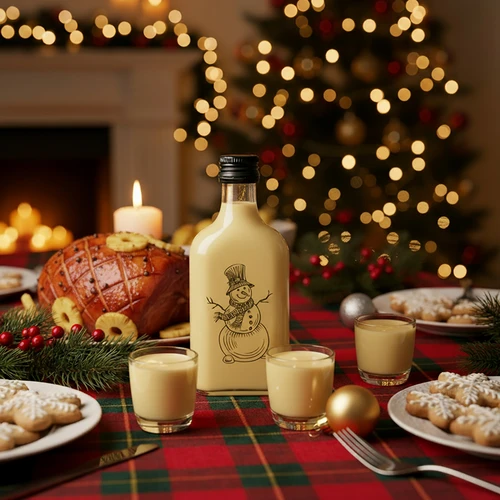 Taskumattipullo 200 ml kierrekorkilla, Lumiukko-painatus, 1 kpl. - 6