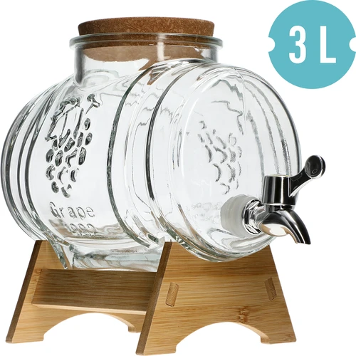 Lasinen 3 L tynnyri, leveällä kaadolla, korkilla, jalustalla ja hanalla - 2