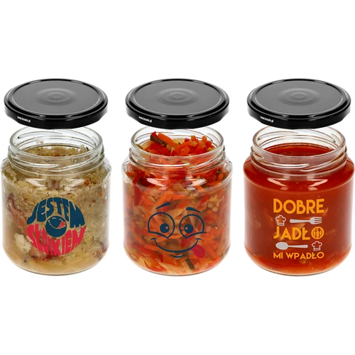 Purkki TO 580ml fi 82 värillisellä painatuksella ja mustalla kannella, 3 kpl. - 4