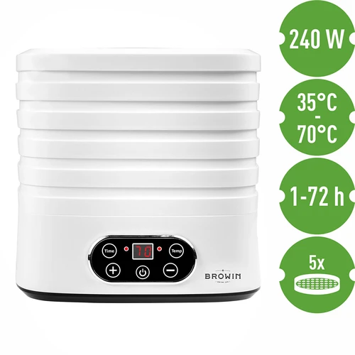Sienien, hedelmien, vihannesten ja yrttien kuivuri lämpötilansäädöllä, 240W, valkoinen - 9