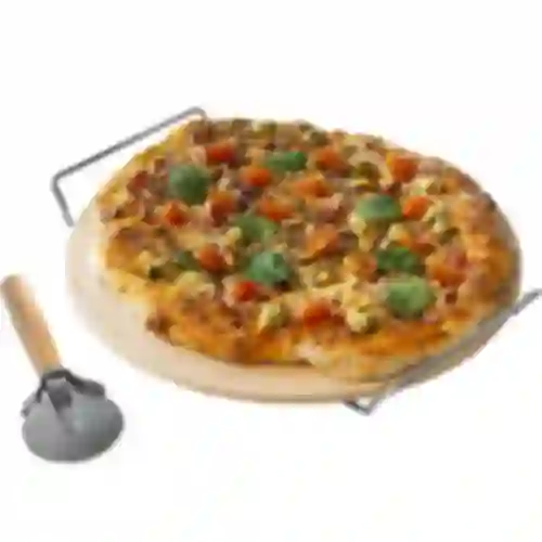 Pizzakivi kahvalla ja veitsellä, kordieriitista, pyöreä 33 cm