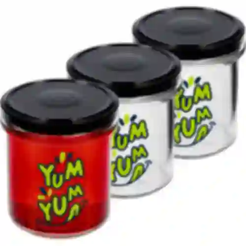 Yksinkertainen purkki 346ml fi 82 värillisellä painatuksella "Yum Yum" ja mustalla kierrekannella, 3 kpl