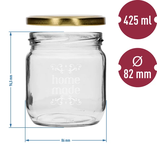 Twist-off-purkki 425ml painatuksella 'Home Made' ja kannella, 3 kpl - 6