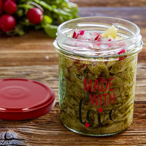 Yksinkertainen purkki 346ml fi 82 värillisellä painatuksella "Made With Love" ja viininpunaisella kannella, 3 kpl. - 8