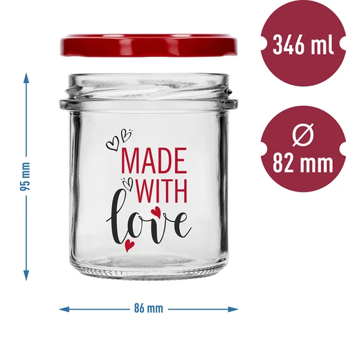 Yksinkertainen purkki 346ml fi 82 värillisellä painatuksella "Made With Love" ja viininpunaisella kannella, 3 kpl. - 6