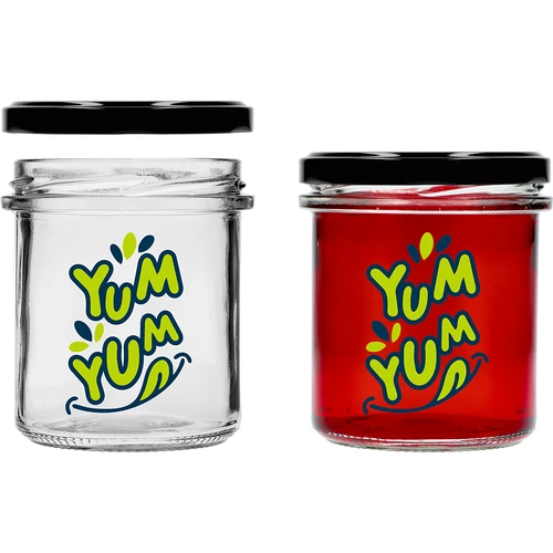 Yksinkertainen purkki 346ml fi 82 värillisellä painatuksella "Yum Yum" ja mustalla kierrekannella, 3 kpl - 4