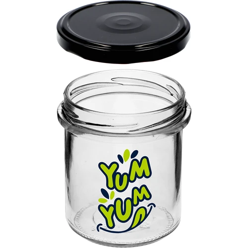 Yksinkertainen purkki 346ml fi 82 värillisellä painatuksella "Yum Yum" ja mustalla kierrekannella, 3 kpl - 5