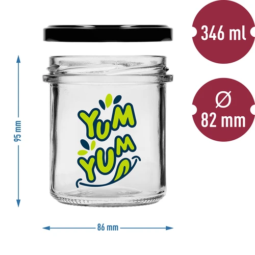 Yksinkertainen purkki 346ml fi 82 värillisellä painatuksella "Yum Yum" ja mustalla kierrekannella, 3 kpl - 6