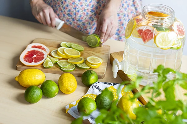Kotitekoinen isotoninen juoma sitruunoista, limeteistä ja greipistä